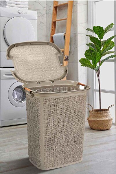 Genel Markalar Woow Desen Ahşap Kulplu Antistatik Kirli Çamaşır Sepeti 60 Lit...