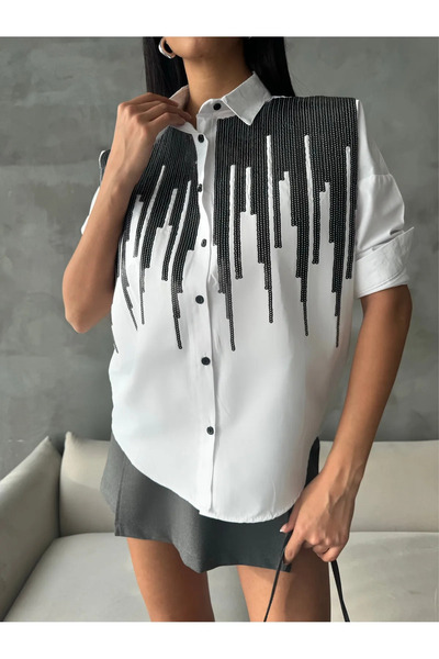 owwon Women's Sequin Sequin Embroidered Special Design White Shirt
