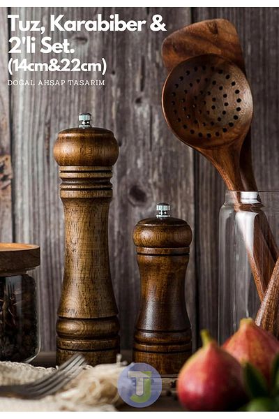 Technojet Set of 2 (14+22cm) Natural Wooden Black Pepper Salt Coffee Spice Grinder Mill Salt Shakers Pepper Shakers