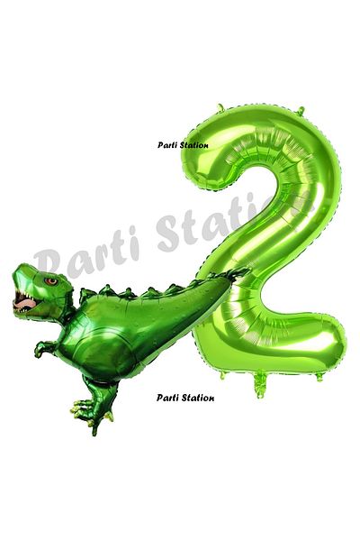 Parti Station T-Rex Dinosaur Concept 2 Year Old Balloon Set Dinosaur Balloon and Green Number Balloon Birthday Set
