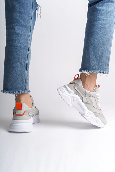 Rainon Store White Orange Leather Laced Orthopedic Sole Women's Sports Shoes