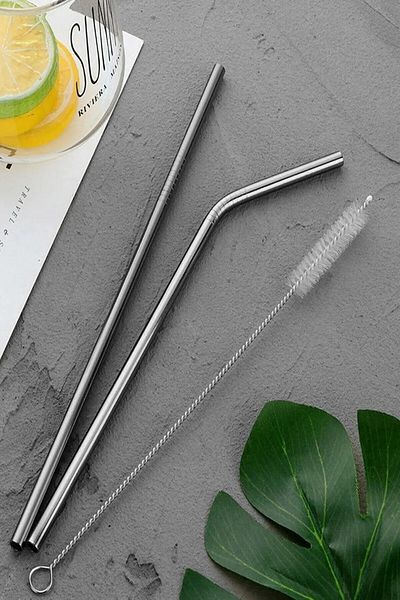 lawrenceshop 4Pcs Steel Straws + 2Pcs Cleaning Brush Drink Stick Rod