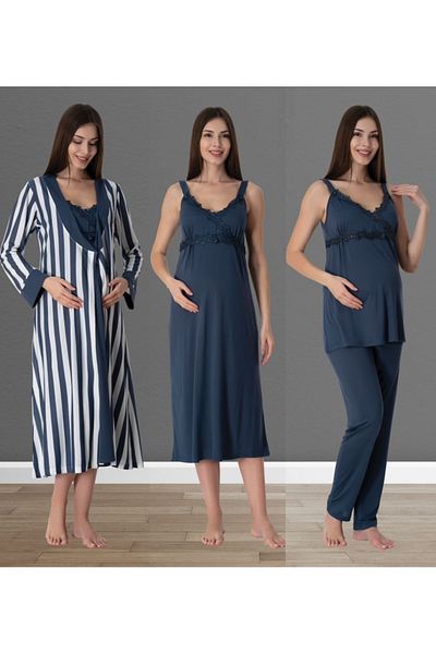 by İGP Navy Blue Cotton Dressing Gown and Nightgown Sleepwear Set for Pregnant and Maternity