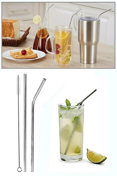 lawrenceshop 4Pcs Steel Straws + 2Pcs Cleaning Brush Drink Stick Rod