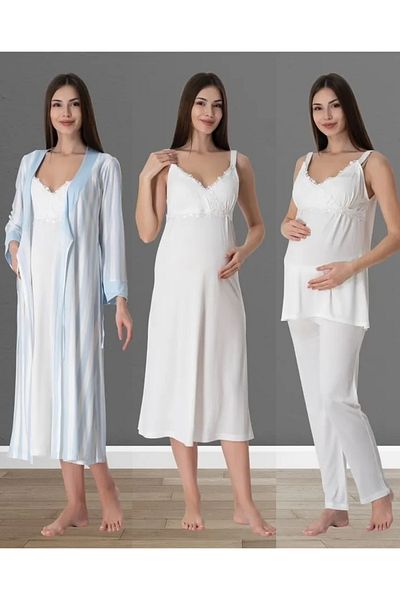 by İGP Blue Ecru Cotton Dressing Gown and Pajama Set for Pregnant and Maternity - Effortt