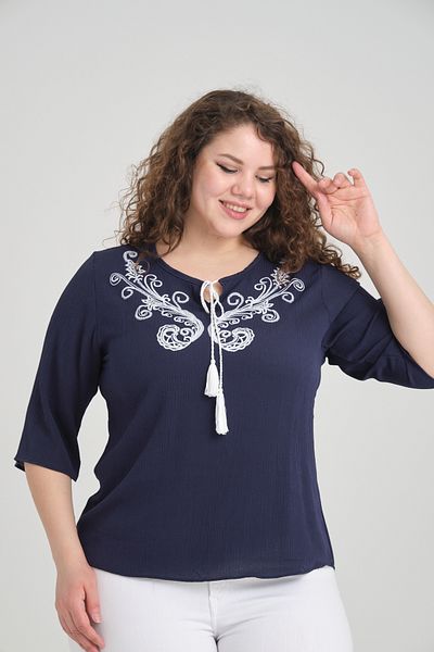 garajmood Navy Blue Ethnic Patterned Tassel Plus Size Blouse