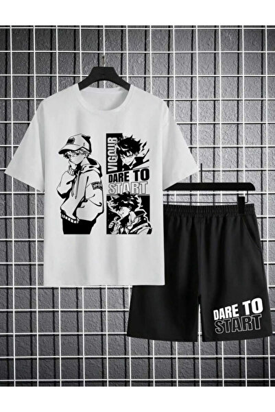 SİNSER TEKS Set de pantaloni scurți de tricou alb-negru imprimat Dare To Star...