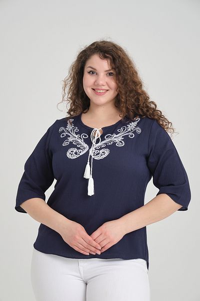 garajmood Navy Blue Ethnic Patterned Tassel Plus Size Blouse