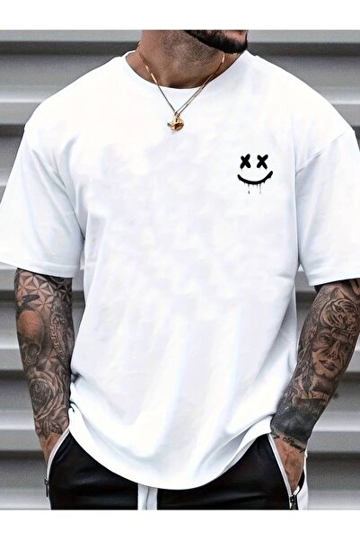 NOFLEN Tricou oversize 100% bumbac cu imprimeu Smile Smiling Face unisex