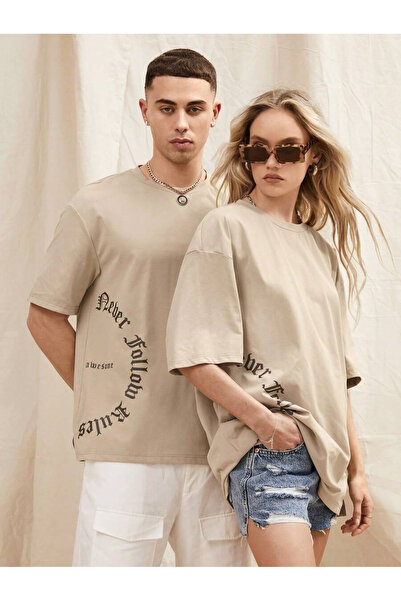 YUVEST Tricou Blackrock - Tricou Bej cu mânecă scurtă oversize cu imprimeu su...