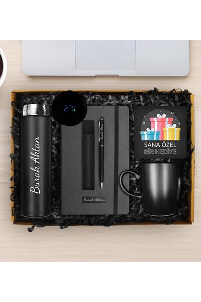 Apollon Gift Shop Kişiye Özel 500 ML Dereceli Termos & Kişiye Özel Defter & Deri Kılıflı Touch Pen Kalem & Siyah Kupa