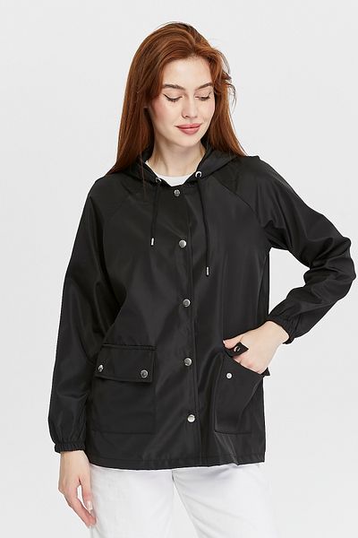 Primaro Hooded Black Windbreaker Raincoat with Pockets and Snap Fasteners
