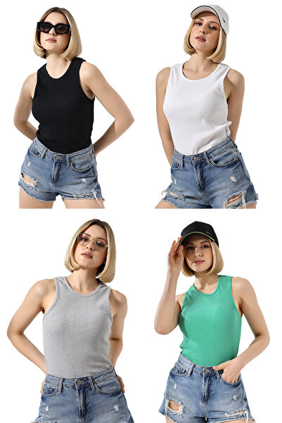 tynemode Дамски черен боди от ликра с оребрена яка и халтер деколте