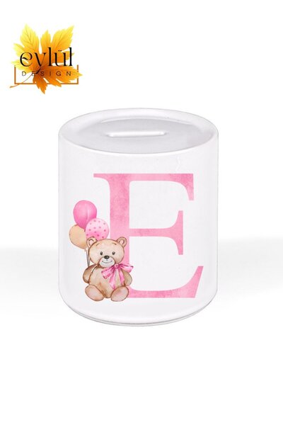 Eylül Design E Harfi Ayıcıklı Pembe Renkli Harf Özel Tasarım Baskılı Seramik Kumbara Açılabilir Kumbara