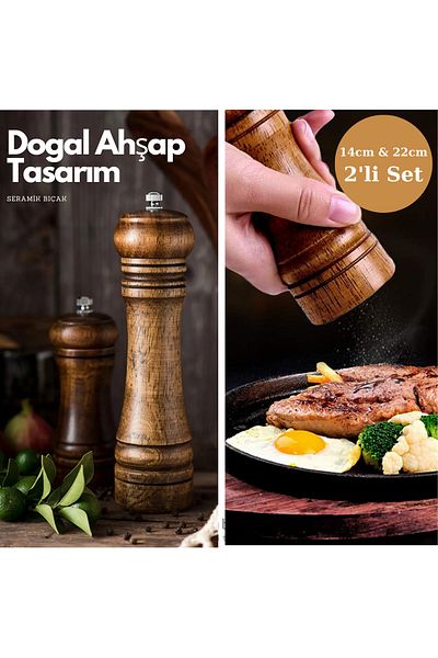 TechnoSmart Premium Quality 2Liset 14Cm+22Cm Natural Wood Mill Spice Grinder Black Pepper Salt Coffee