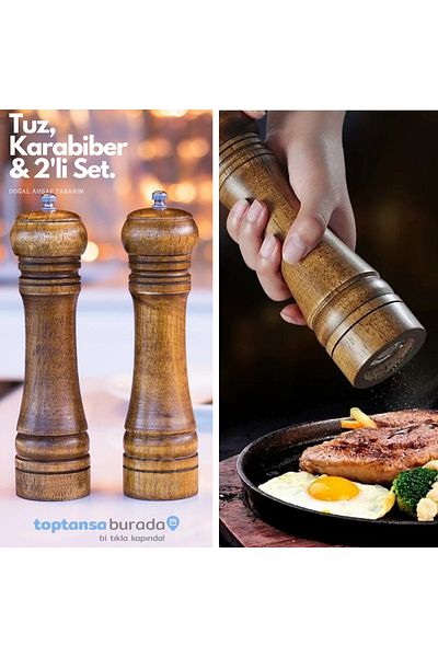 TechnoSmart Premium Quality 2 Pieces 22cm Natural Wooden Mill Spice Grinder Black Pepper Salt Coffee