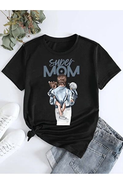 MAGORS تي شيرت نسائي مخصص لعيد الأم سوبر الأم مطبوع برقبة دائرية من القطن بقص...