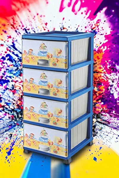 LeesHome Büyük Boy Mavi 4 Çekmeceli Plastik Komodin Desenli Çocuk Oyuncak Dolabı