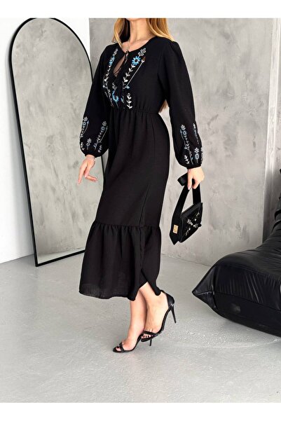 FEHAL GİYİM KETEN KUMAŞ DAMLA YAKA DAL  NAKIŞ DETAYLI MİDİ BOY ELBİSE