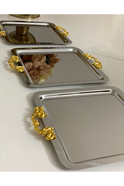 Elzemm store PASLANMAZ ÇELİK KARE MODEL 3 ADET KULPLU SUNUM TEPSİSİ LÜX