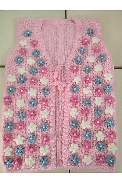 Çt Çeyizci Tekstil Special Design Beaded Vest Pink Colored Flower