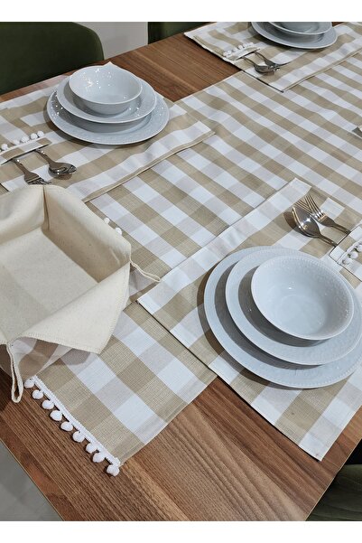 AHMERA Kahve Kare Desenli 6 Kişilik Amerikan Servis Seti / Runner + 6ad. Taba...