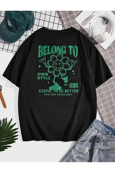 AFROGİYİM Unisex Belong To Papatya μπλουζάκι με στάμπα μεγάλου μεγέθους