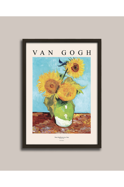 Vetro Design Van Gogh - Vazodaki 3 Ayçiçeği Ahşap Çerçeveli Poster
