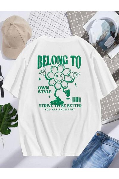 AFROGİYİM Unisex Belong To Papatya μπλουζάκι με στάμπα μεγάλου μεγέθους