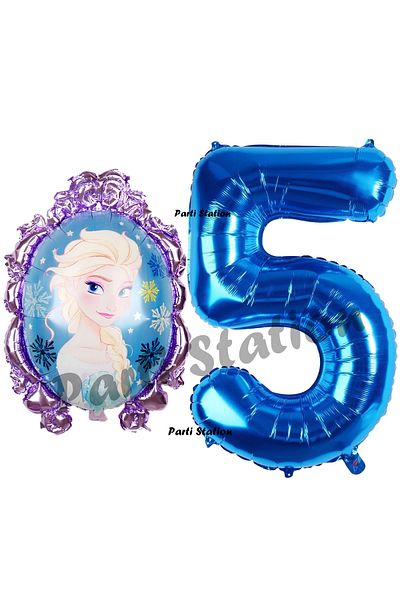 Parti Station Frozen Balloon 5 Year Old Birthday Set Frozen Elsa Concept Balloon and Navy Blue Number Balloon Birthday Set