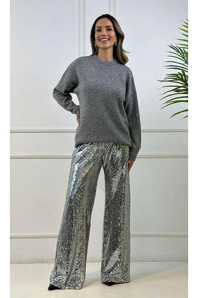 Atelier Derin Smoked Silver Sequin Wide Cut Trousers