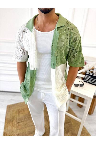 elkumoda Πουκάμισο Oversize Βαμβακερό ύφασμα κατά του ιδρώτα Διχτυωτό ιταλικό γιακά κοντομάνικο πουκάμισο