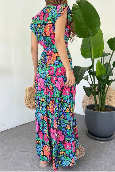 WOMAN VISION Women's Floral Print Double Breasted Collar Elastic Waist Design Summer Sleeveless Colorful Maxi Dress 10690