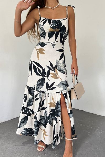 bayansepeti Leaf Patterned Slit Detailed Strapless Collar Strap Midi Dress 10756