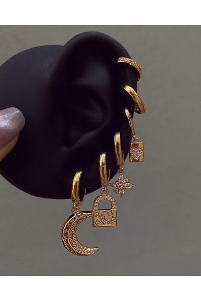 h&b design jewel طقم أقراط بتفاصيل هلال ذهبي من الفولاذ مكون من 6 قطع