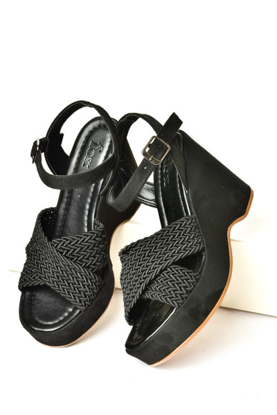 Fox Shoes Kadın Siyah Süet Dolgu Topuklu Ayakkabı