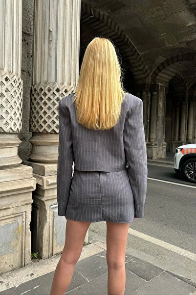 Bak Moda Gray Striped Tie Slit Jacket Set