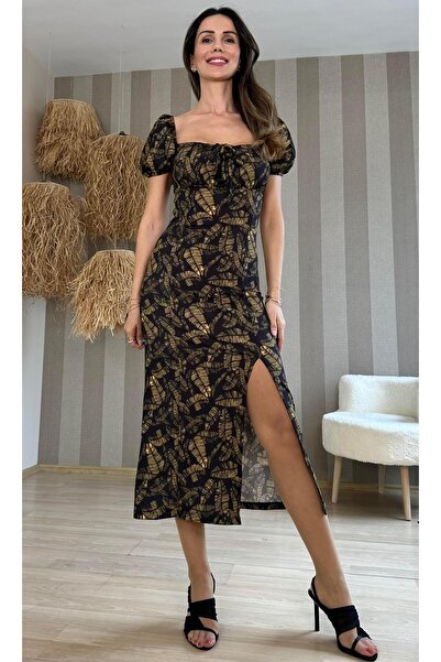 Atelier Derin Μαύρο φόρεμα με μοτίβο μουστάρδας