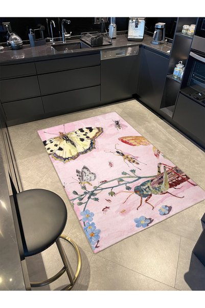 Rugs Modern Halı Colorful Patterned Woven Base in Pink Butterfly and Ant Tone...