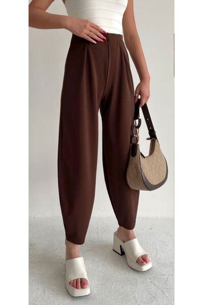 EDZ Women's Dark Brown Balloon Trousers Full Lycra Elastic Waist