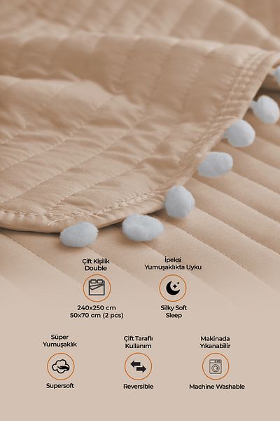 Evlen Home Collection طقم مفرش سرير مزدوج قطن 100% مع بوم بوم (بيكيه) بيج