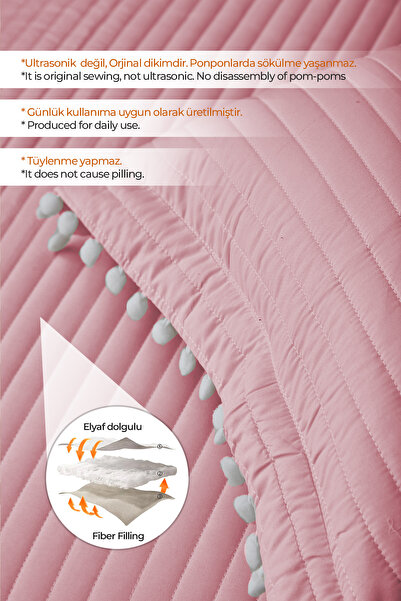 Evlen Home Collection %100 Pamuk Çift Kişilik Yatak Örtüsü Seti Kapitone Ponponlu Elyaf Dolgulu Pike Takımı Pudra