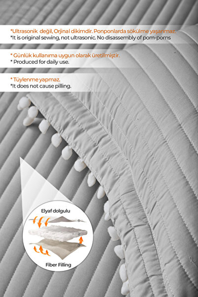 Evlen Home Collection %100 Pamuk Çift Kişilik Yatak Örtüsü Seti Ponponlu Kapitone Pike Takımı Dolgulu Gri