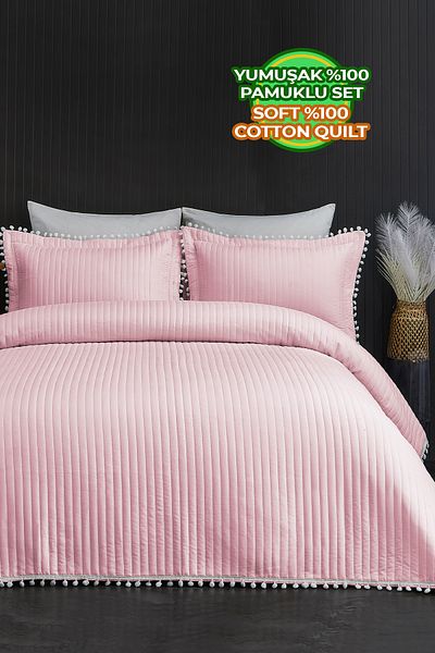 Evlen Home Collection 100% Cotton Double Bed Cover with Pompom (Pique) Set Powder
