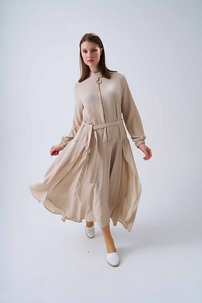 Niliwi 4013 Model Linen Dress - Flounce Skirt and Zipper Detail