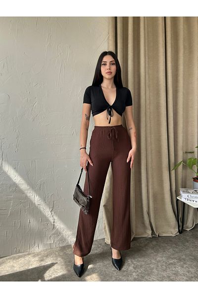 Fav Style Women's High Waist Elastic Double Pocket Loose Leg Wrinkled Pants Coffee