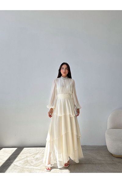 Swan Woman Βραδινό φόρεμα με λεπτομέρεια με βολάν