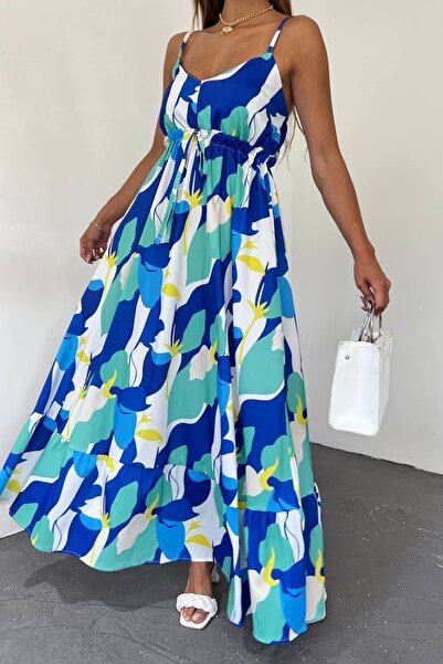 lovebox Kadın Degaje Yaka  Beli Büzgü Bağlamalı Tasarım Askılı Renkli Yazlık Maxi Abiye Elbise 10762