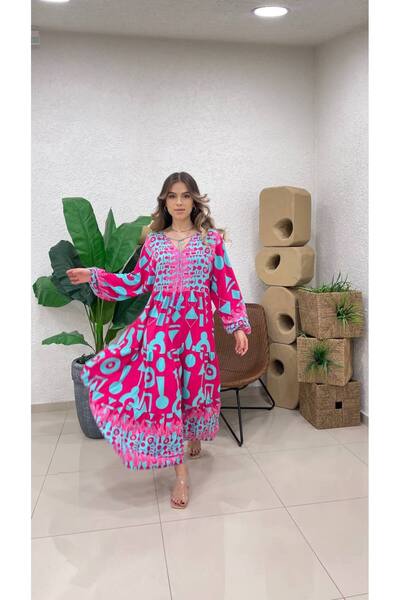 ZF BUTİK PATTERNED V-NECK TIE LONG DRESS