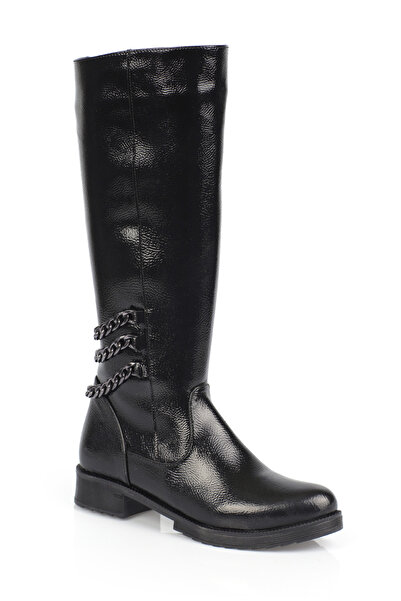 Capone Outfitters Dámské vrásčité lakované kožené boty s detailním zadním zipem pod kolenním řetízkem